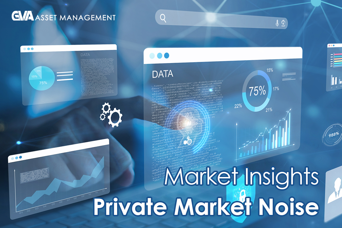 GVA Asset Management marketing banner showing multiple data dashboards with charts and the title 'Market Insights: Private Market Noise' in blue tones
